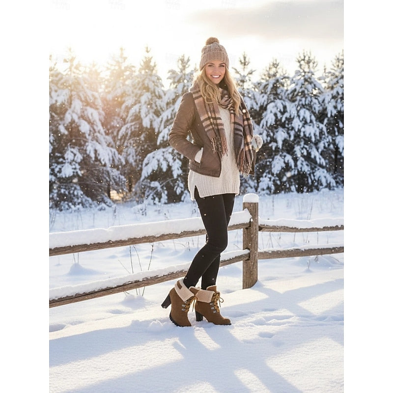 Lace-Up Winter Boots with Gripped Sole and Plush Lining, Chunky Heel