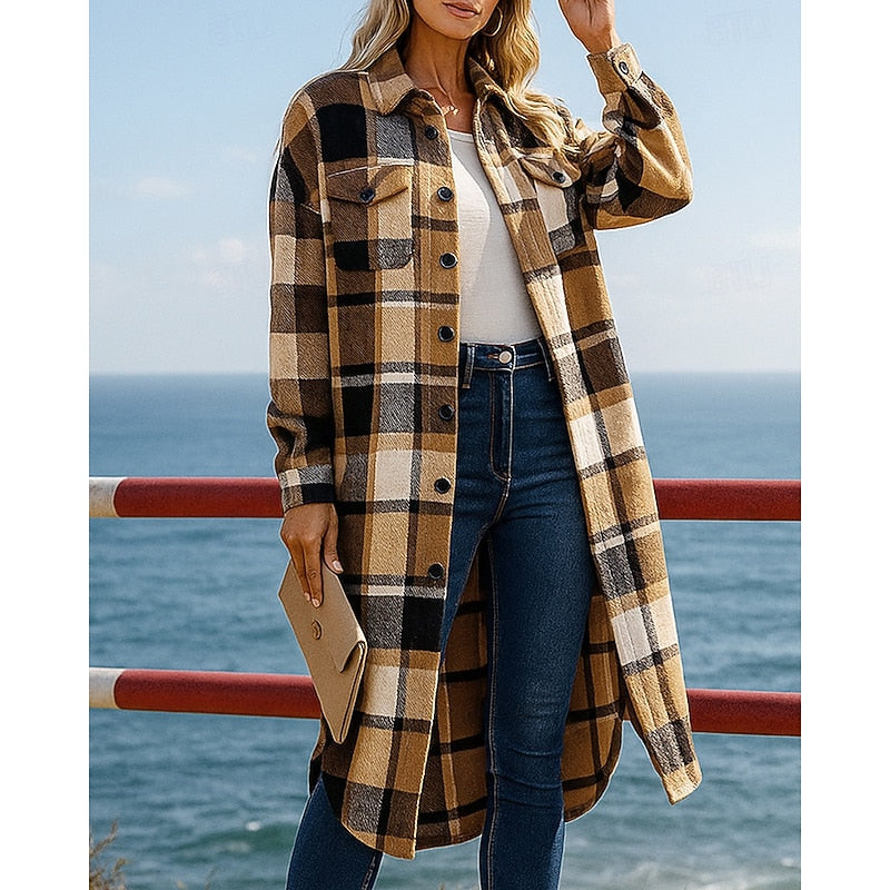 Checked Longline Coat with Button Front and Relaxed Fit, Hip Pockets