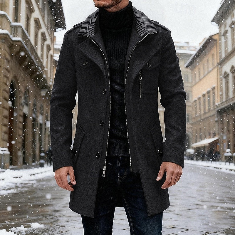 Tailored Overcoat with Structured Collar and Front Button Closure, Side Pockets