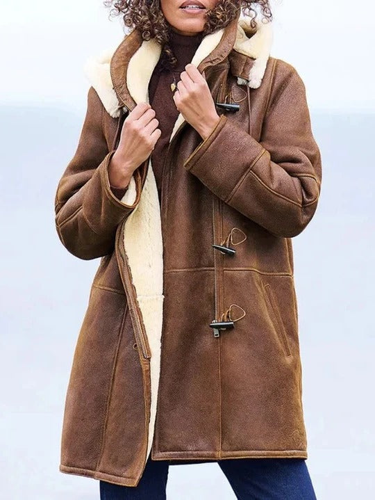 Womens Faux Shearling Hooded Toggle Coat with Thigh-Length Coverage