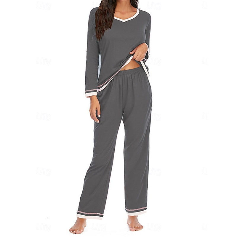 Womens Two Piece Lounge Set with Long Sleeve V Neck Top and Elastic Waist Trousers