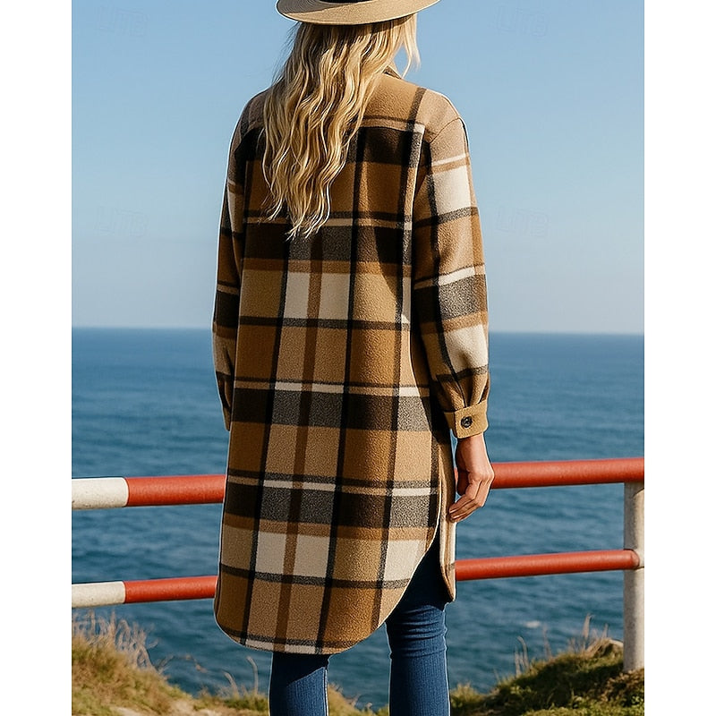Checked Longline Coat with Button Front and Relaxed Fit, Hip Pockets