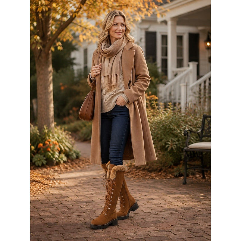 Knee-High Winter Boots with Lace-Up Front and Lug Sole, Plush Cuff