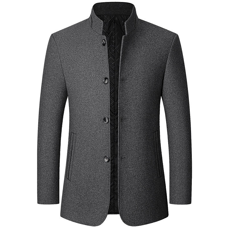 Tailored Overcoat with Stand Collar and Button Front, Hip-Length Coverage