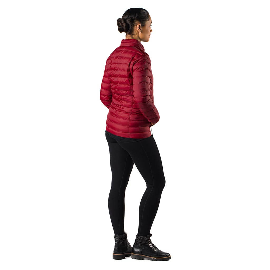 Womens heated puffer jacket in red, side view
