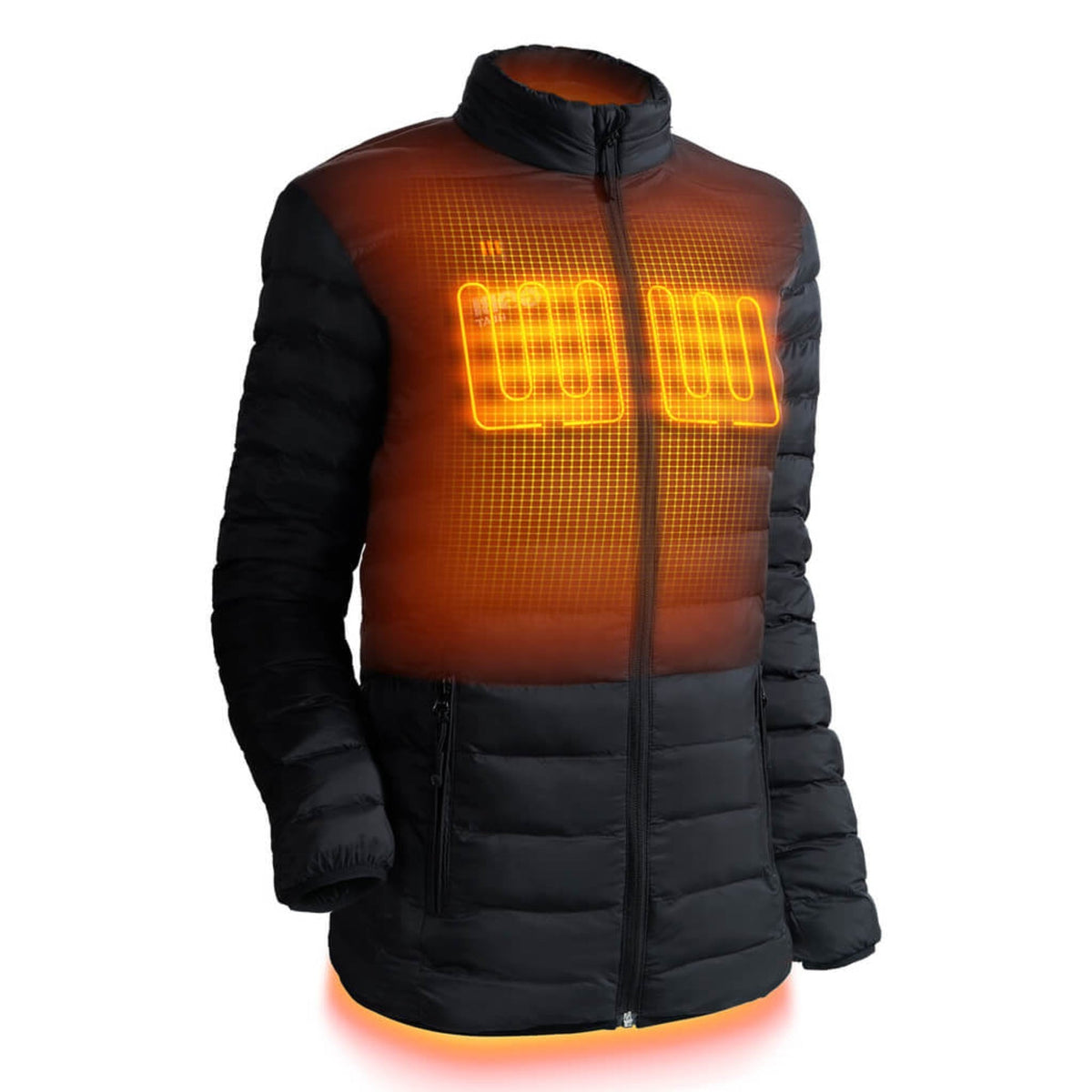 Womens heated puffer jacket in black, front view