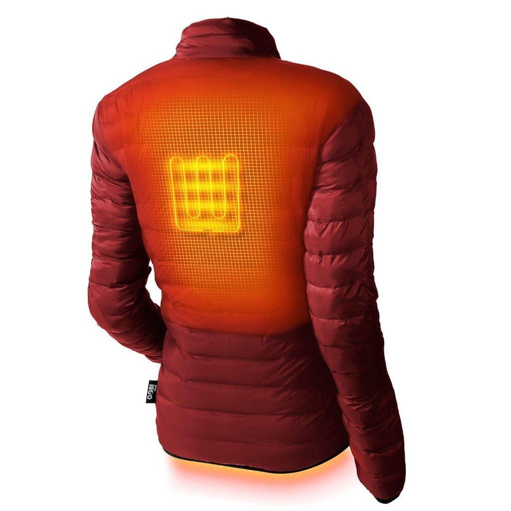 Womens heated puffer jacket in red, back view