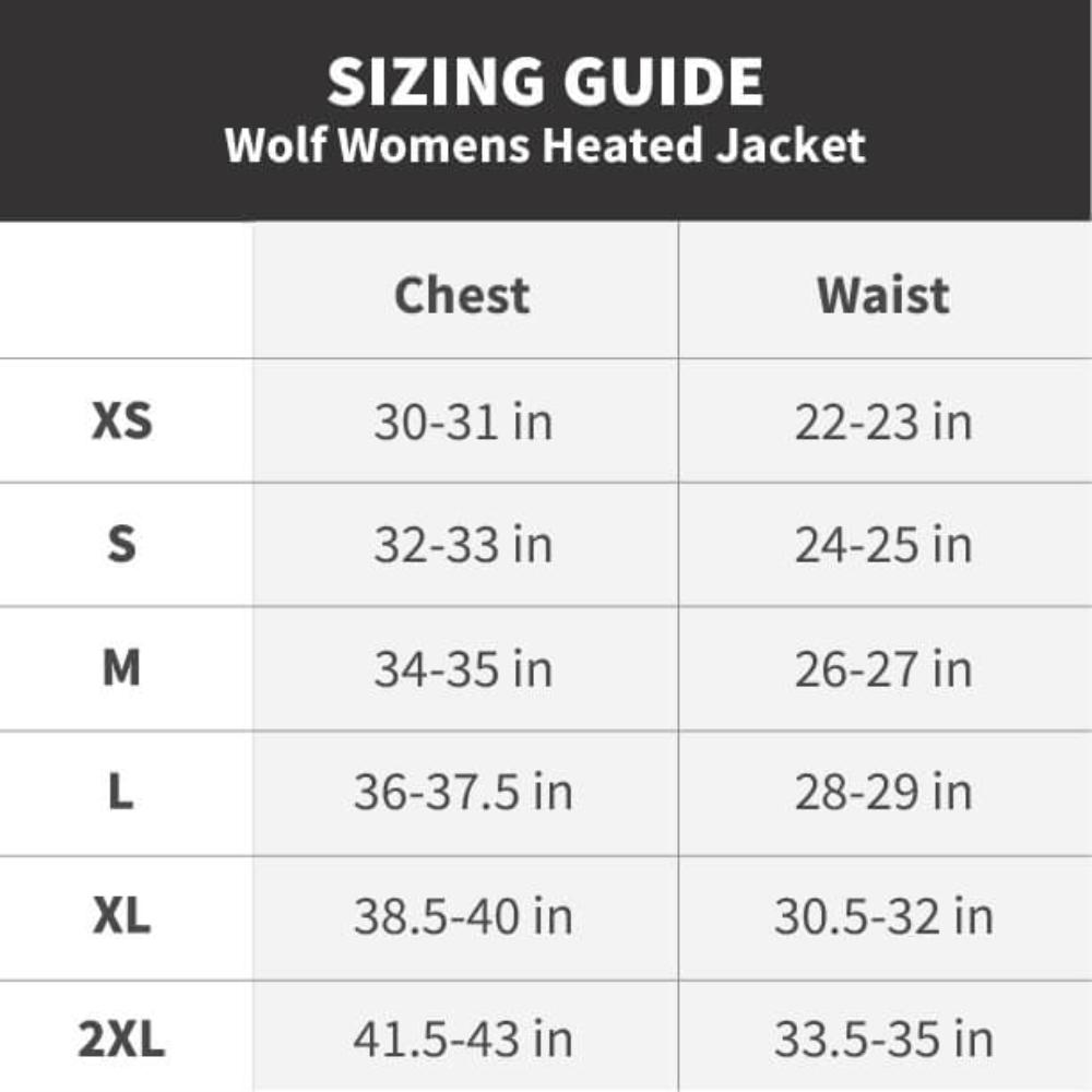 Womens heated puffer jacket size guide