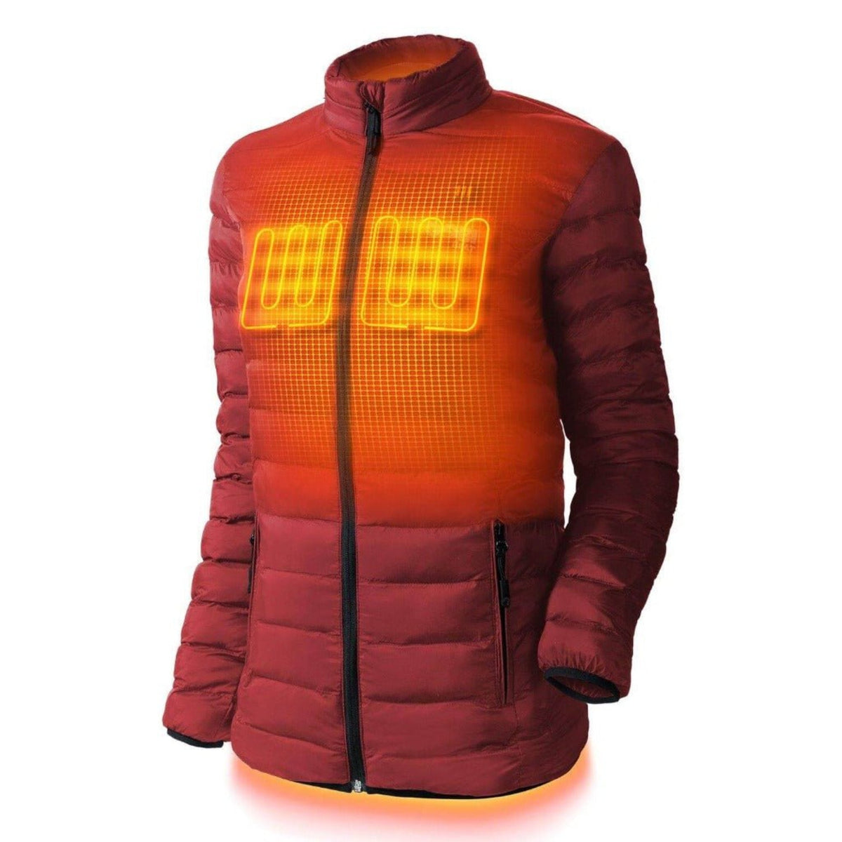 Womens heated puffer jacket in red, front view