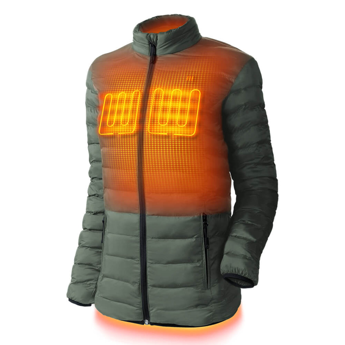 Womens heated puffer jacket in green, front view