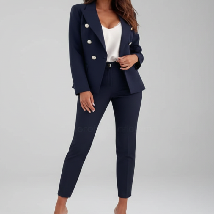 Classic double-breasted women's suit. Tailored formal wear, ideal for office and events.