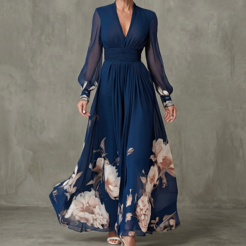 Women's navy pleated maxi dress with elegant sheer long sleeves & V-neck, perfect for evening or formal events.