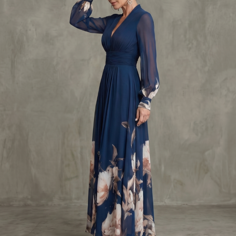 Elegant women's flowy maxi evening gown with pleated details & sheer sleeves for special occasions.