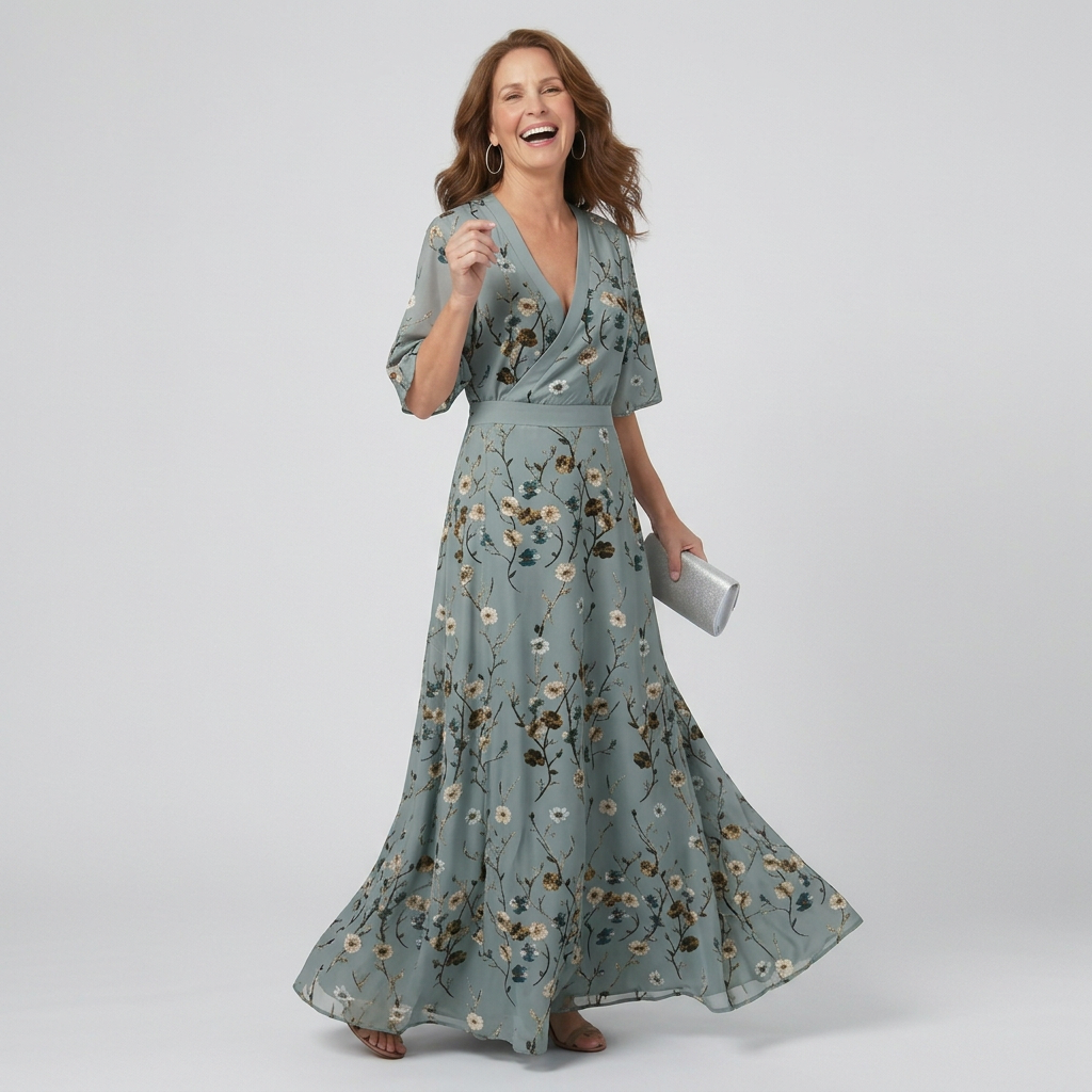Women's sage green floral halter maxi dress, flowy and relaxed for summer vacation style.