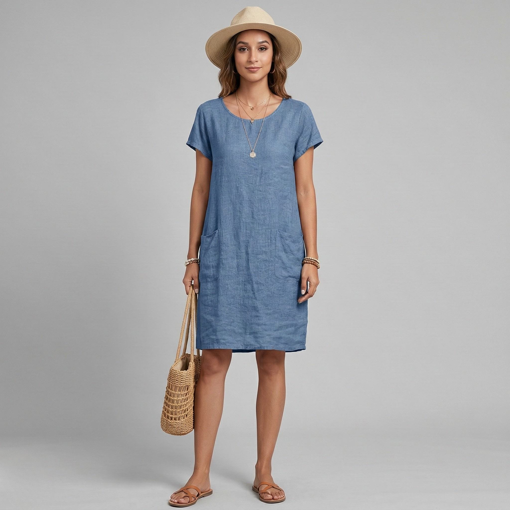 Women's short sleeve mini dress with practical front pockets, perfect for casual summer everyday wear. Comfortable shift style.