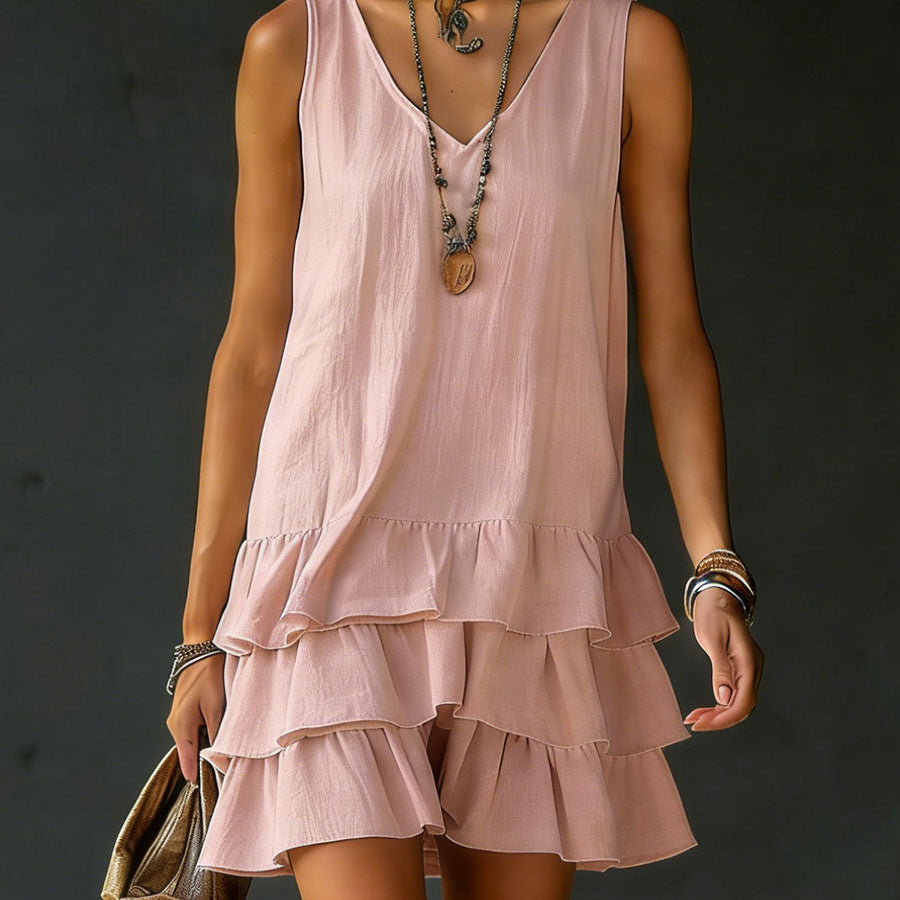 Sleeveless V-neck tiered mini dress for women, featuring delicate ruffles and a comfortable fit.
