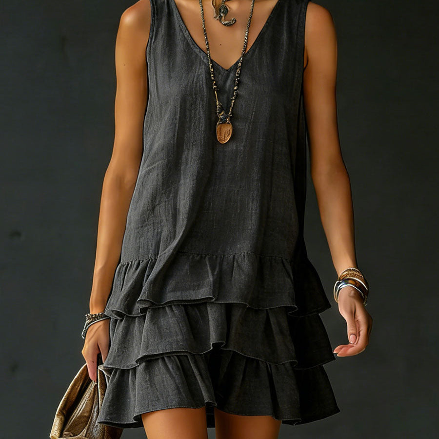 Elegant tiered ruffle mini dress, a casual sleeveless V-neck women's dress with relaxed fit.