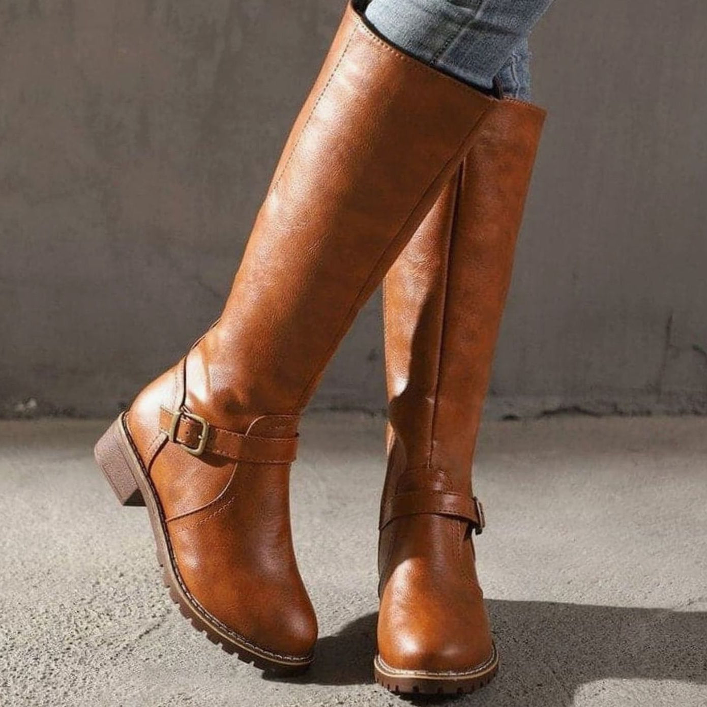 Women's Classic Buckle Side-Zip Knee-High Boots - Brown
