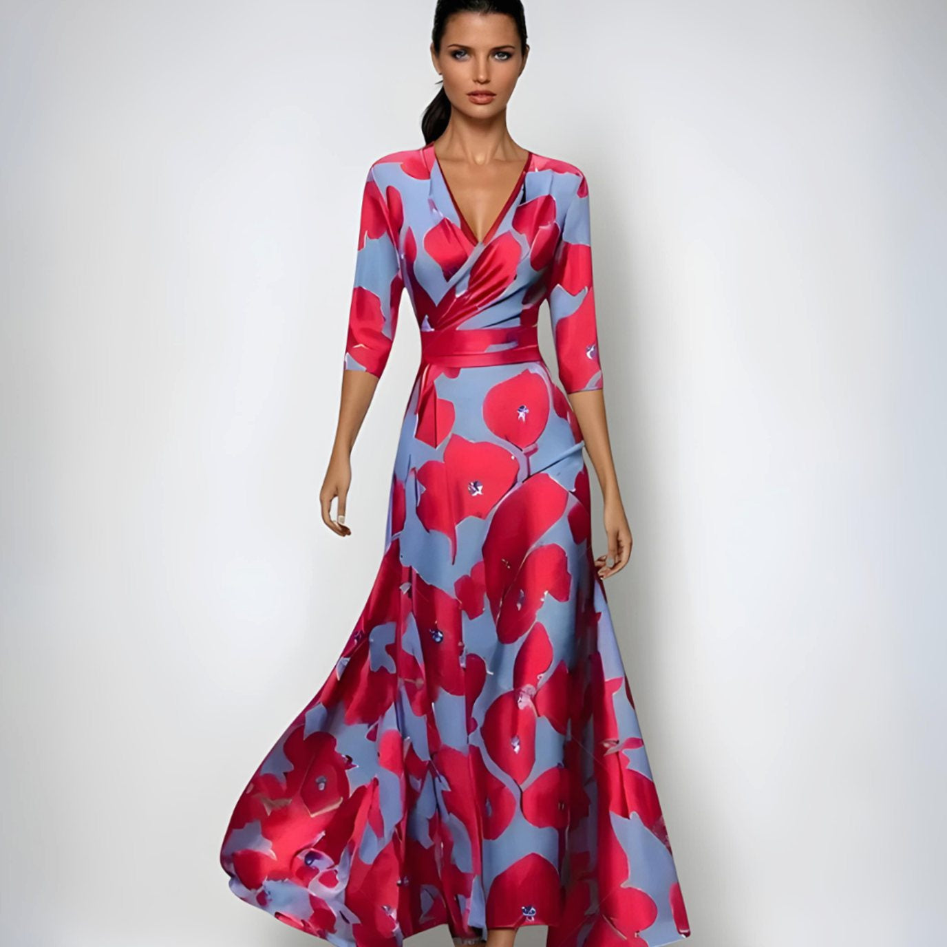 Women's Elegant V-Neck Wrap Floral Dress Maxi Length