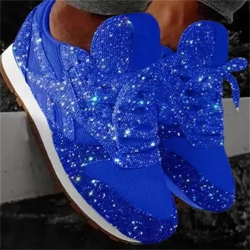 Womens Glitter Sneakers with Mesh Upper and Lace-Up Closure