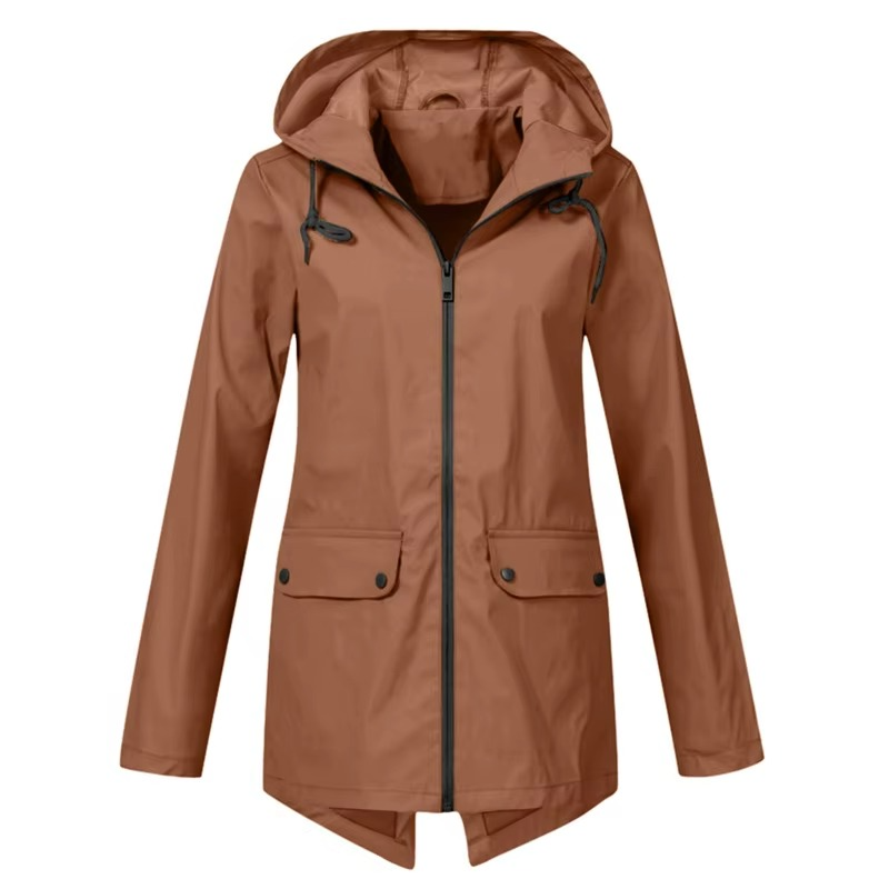 Womens Hooded Rain Jacket with Drawstring Hood and Optional Sherpa Lining