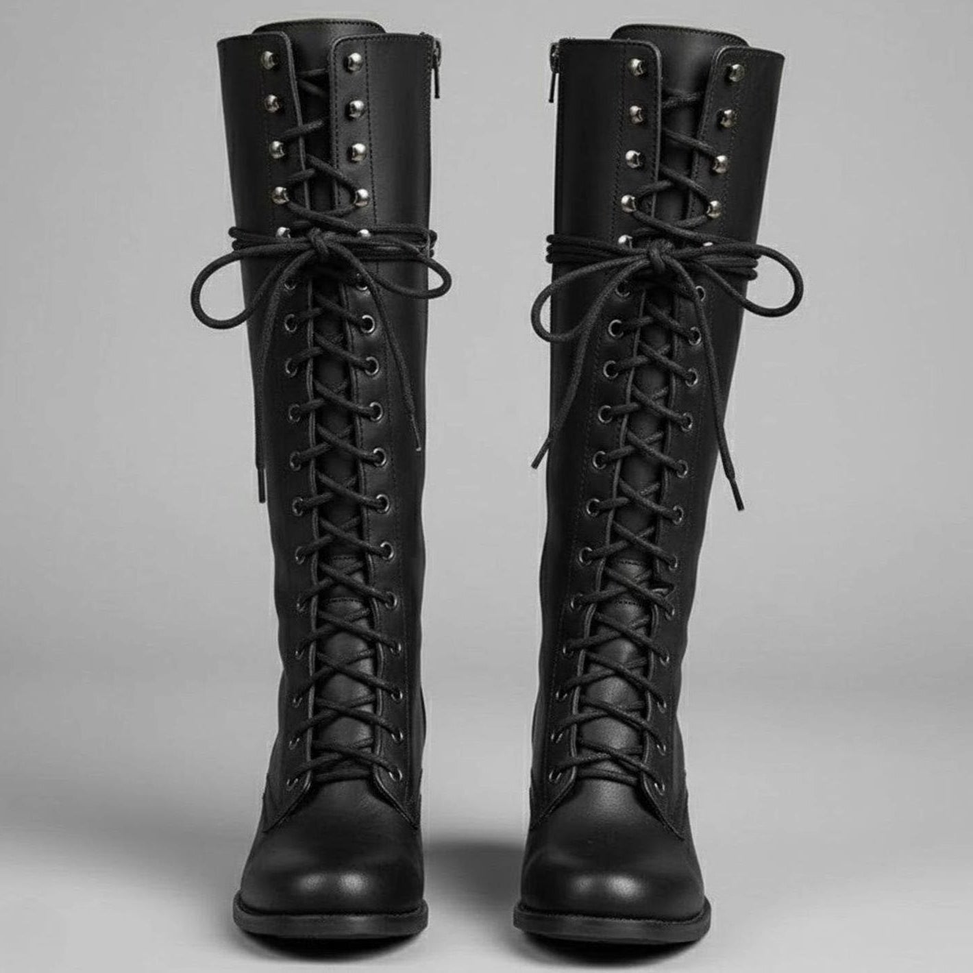 Women's Lace-Up Block Heel Studded Knee-High Boots - Black
