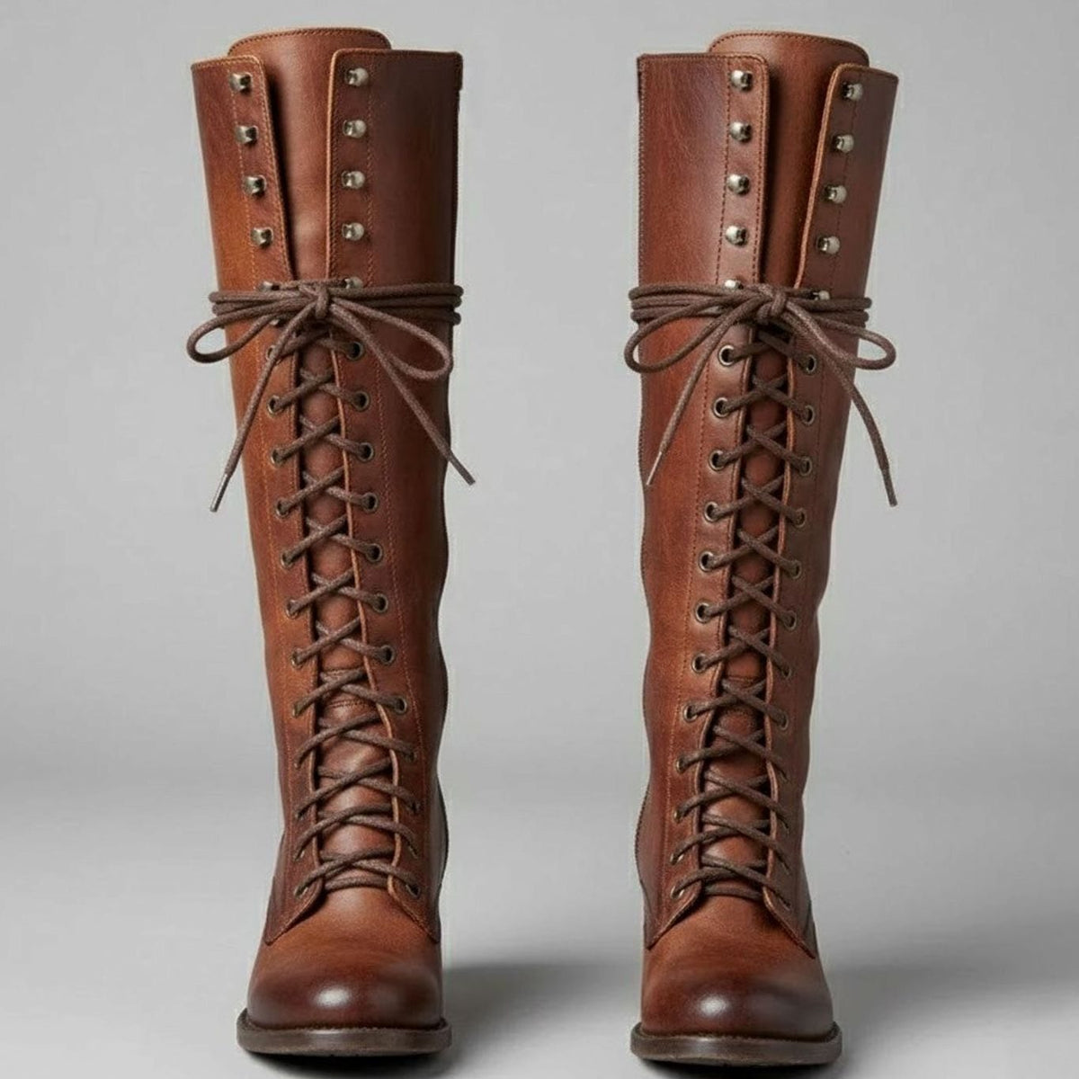 Women's Lace-Up Block Heel Studded Knee-High Boots - Brown