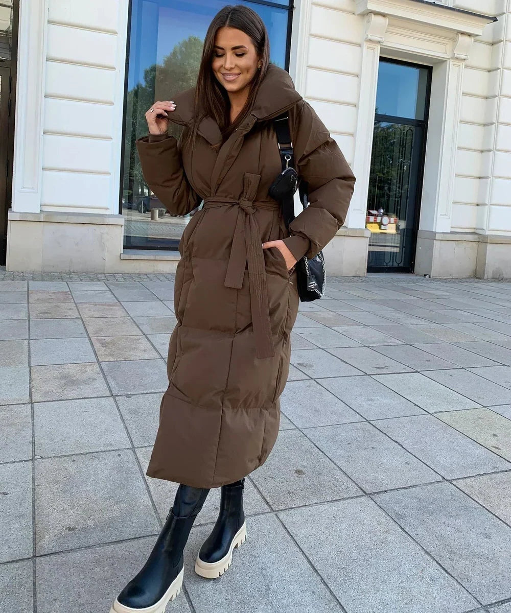 Womens Long Quilted Puffer Coat with Belt and High Collar