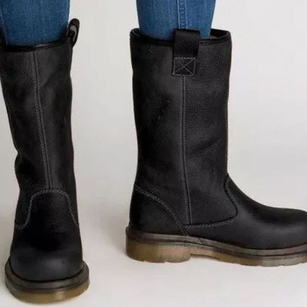 Women's Mid-Calf Round-Toe Pull-On Lined Leather Boots - Black