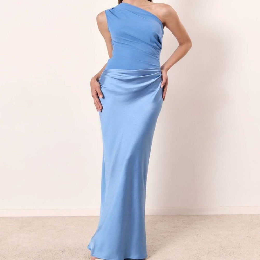 Women's One-Shoulder Ruched Satin Elegant Maxi Dress