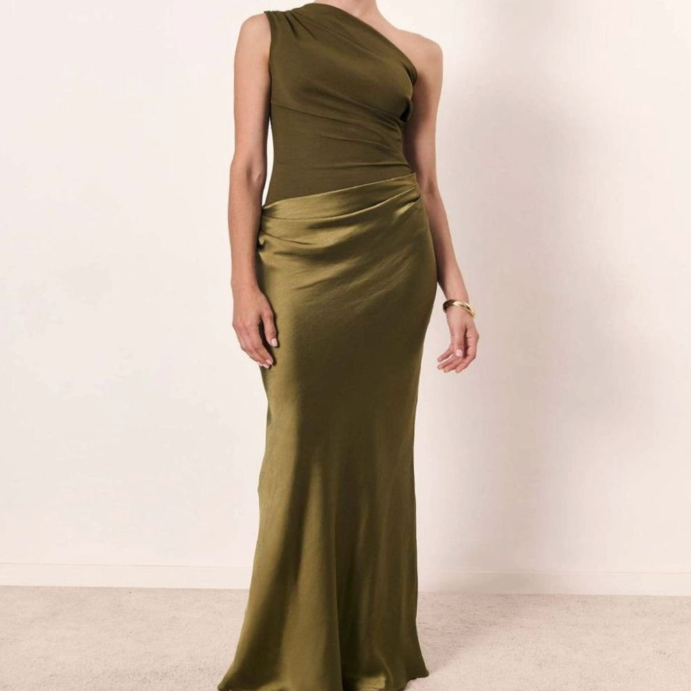 Women's One-Shoulder Ruched Satin Elegant Maxi Dress