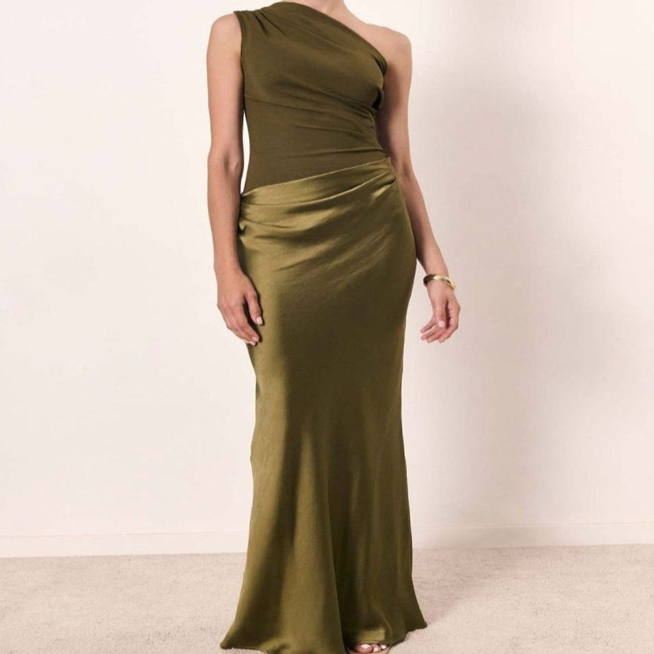 Women's One-Shoulder Ruched Satin Elegant Maxi Dress - Matcha