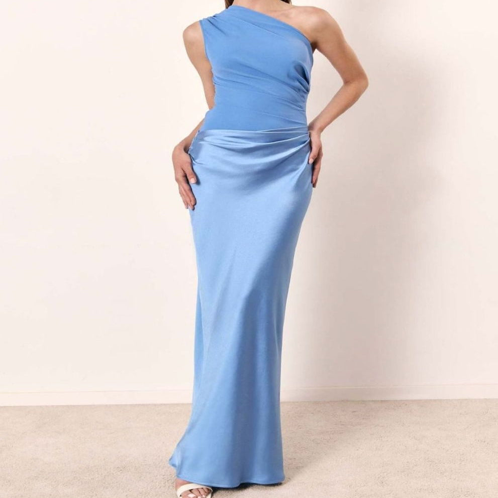 Women's One-Shoulder Ruched Satin Elegant Maxi Dress - Sky Blue