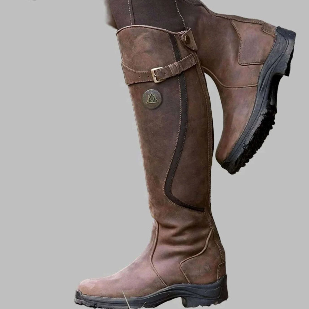 Women's Orthopedic Knee-High Buckle Leather Boots - Dark Brown