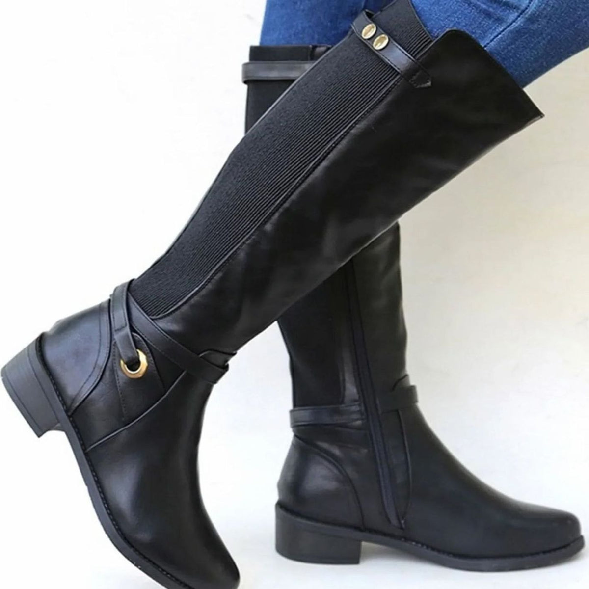 Women's Orthopedic Knee-High Riding Leather Boots - Black