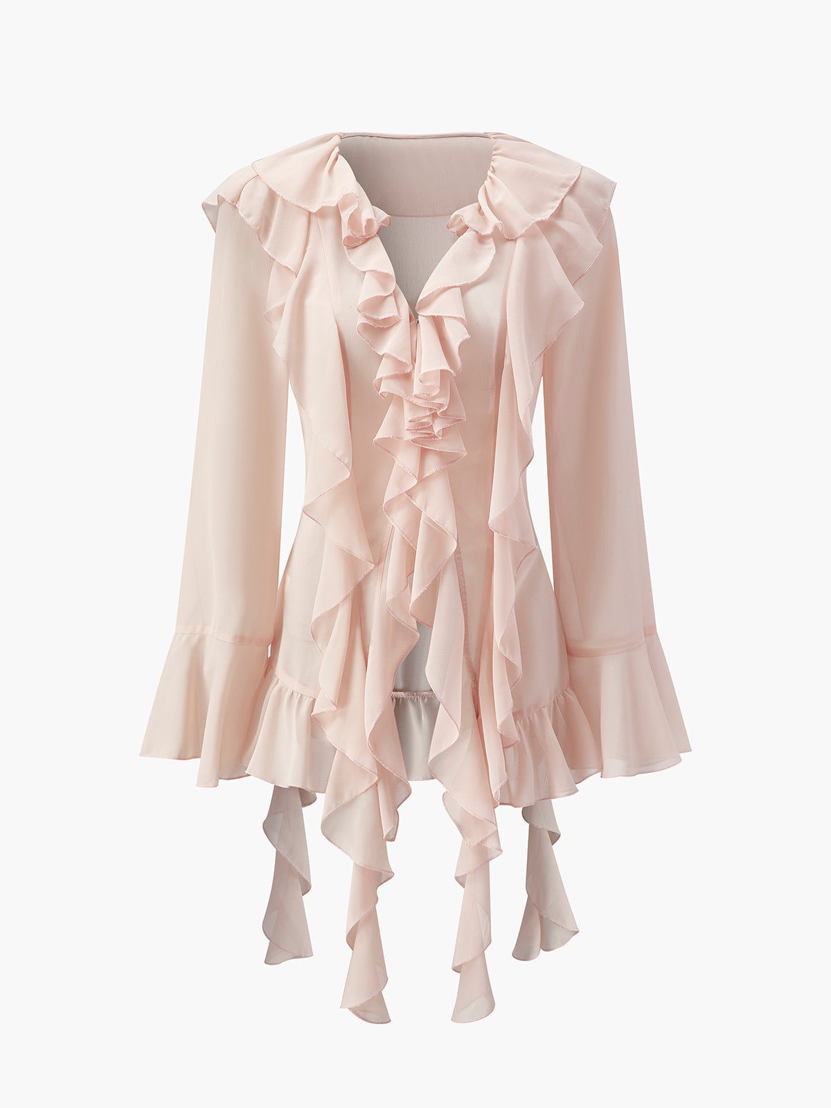 Womens V-Neck Chiffon Blouse with Ruffled Neckline and Long Sleeves, Sheer Layering