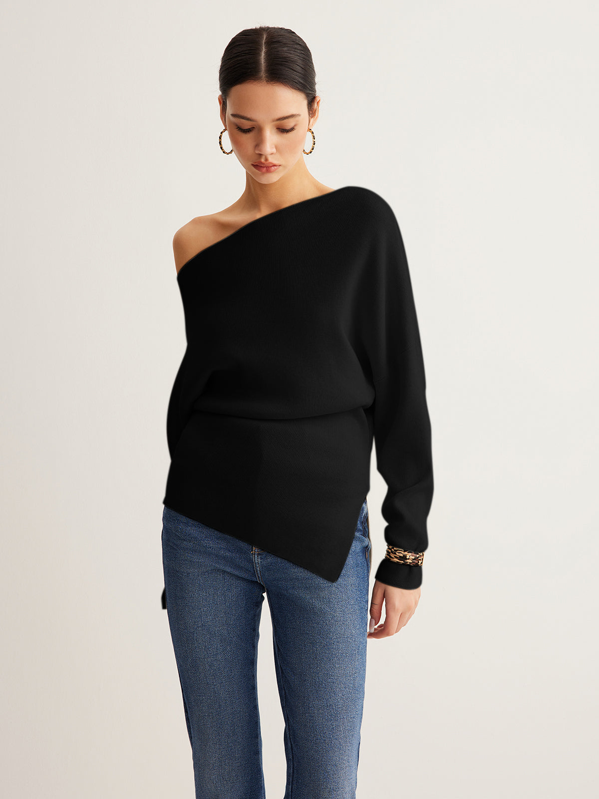 Cold Shoulder Sweater with Pleated Knit and Wool Blend Fabric