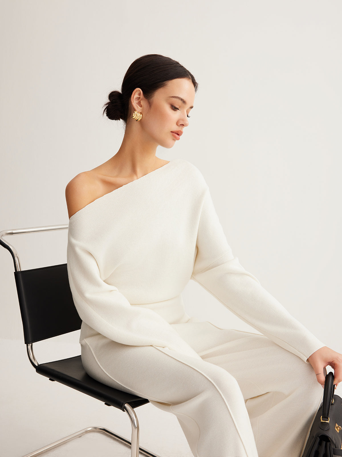 Cold Shoulder Sweater with Pleated Knit and Wool Blend Fabric