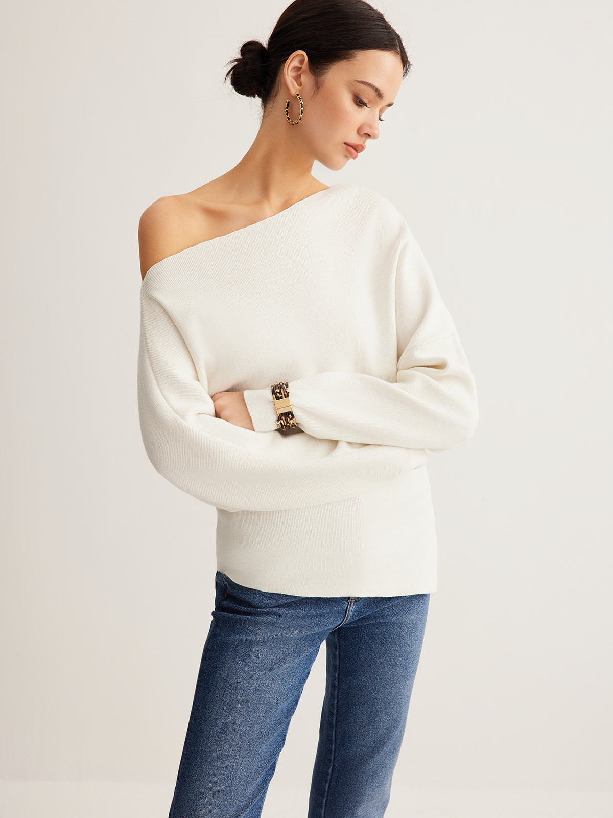 Cold Shoulder Sweater with Pleated Knit and Wool Blend Fabric
