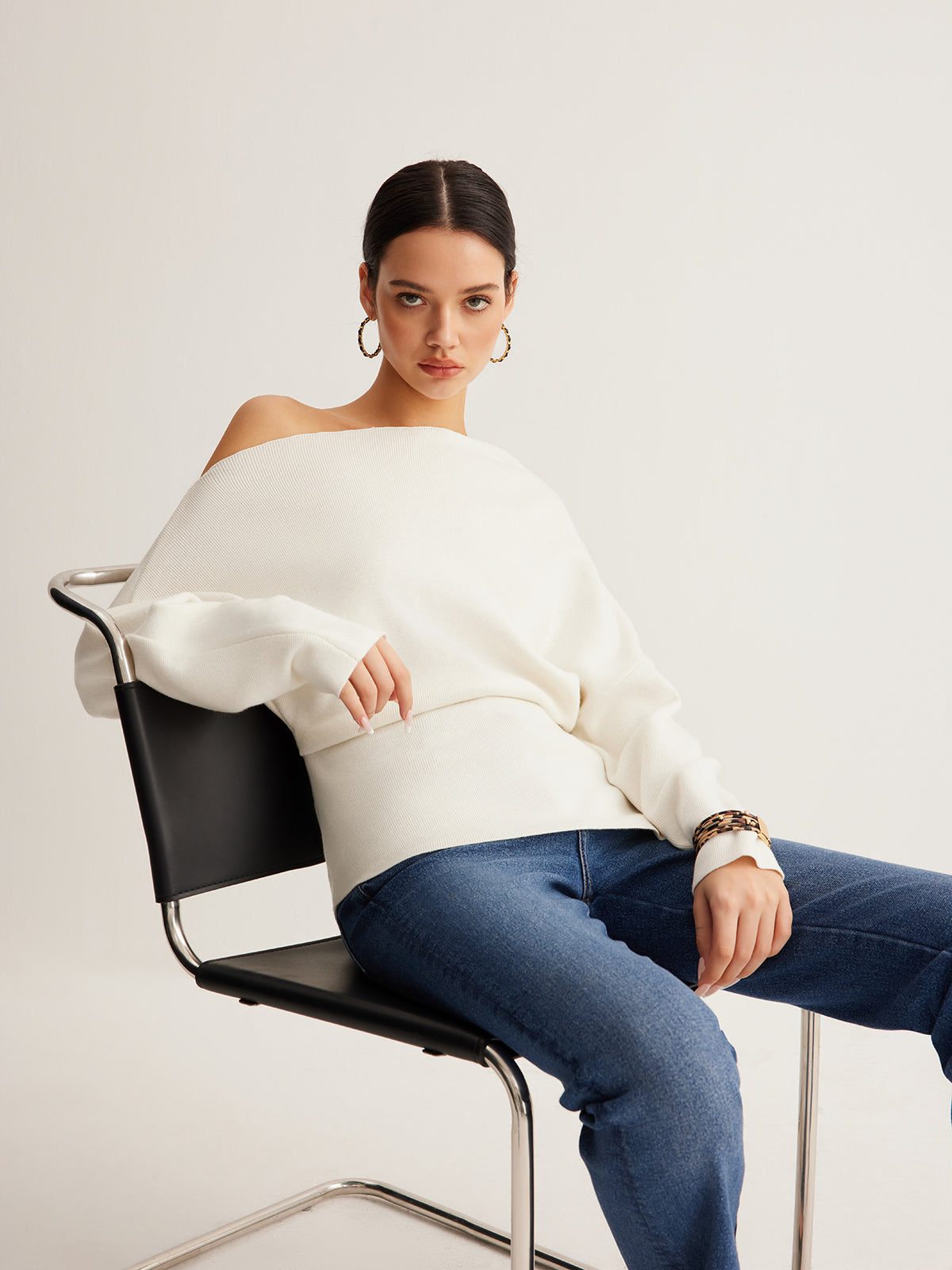 Cold Shoulder Sweater with Pleated Knit and Wool Blend Fabric