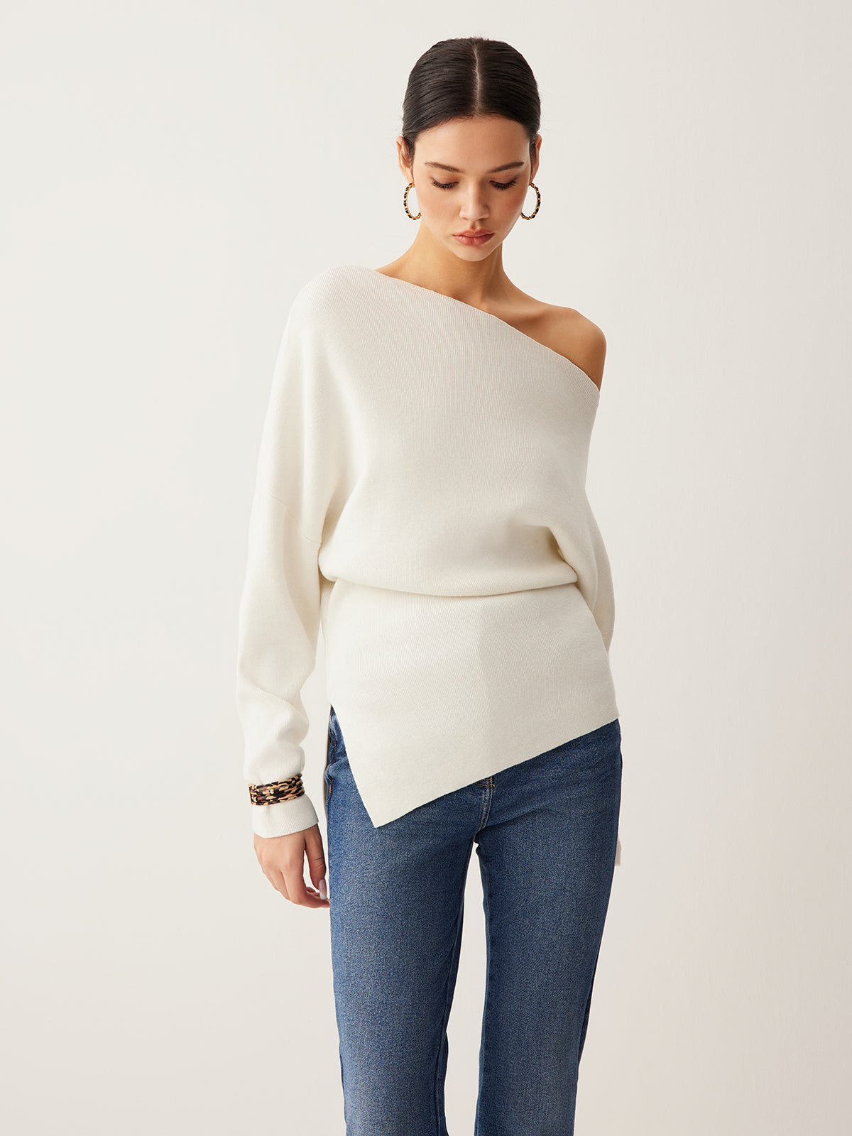 Cold Shoulder Sweater with Pleated Knit and Wool Blend Fabric