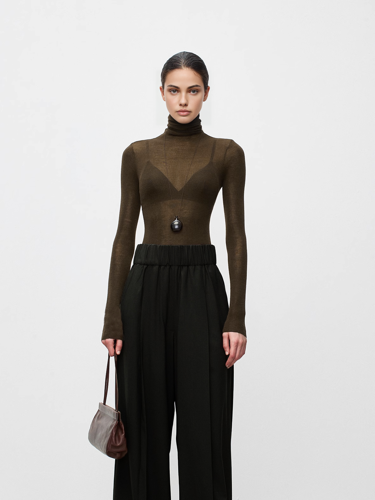 Wool Blend Sheer Turtleneck with Moderate Stretch and Regular Fit