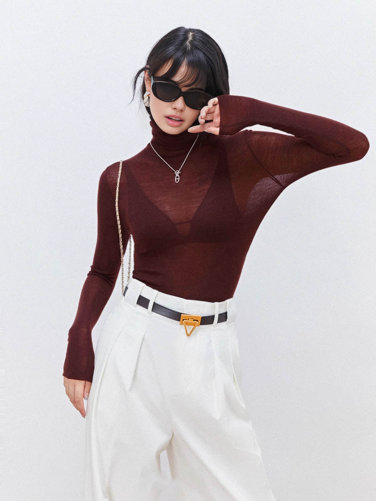Wool Blend Sheer Turtleneck with Moderate Stretch and Regular Fit