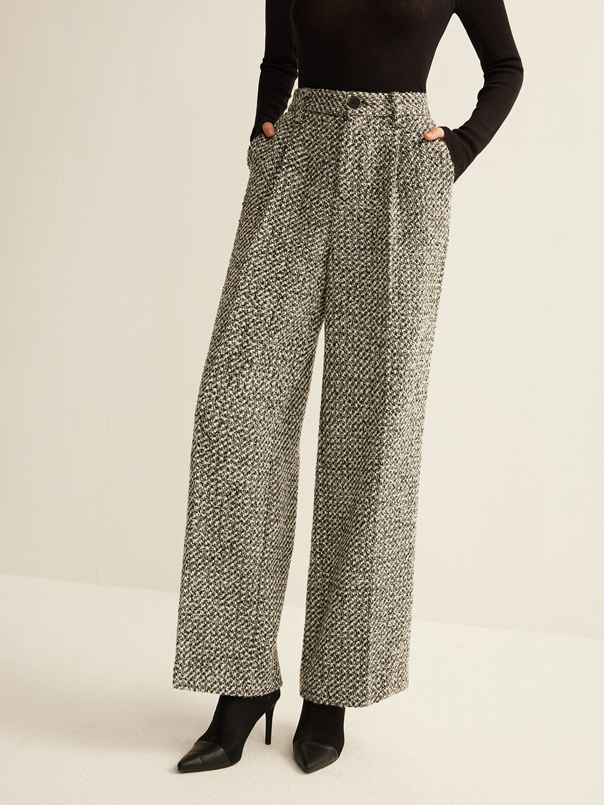 High Waist Wool Blend Trousers with Shift Fit and Tweed Texture
