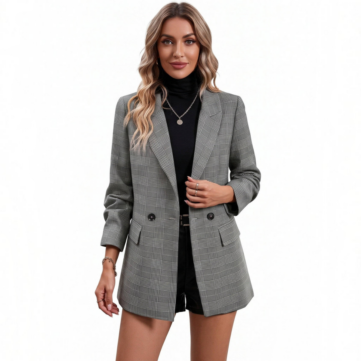 Womens Plaid Houndstooth Blazer, Business Casual Fall Jacket