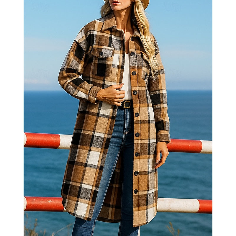 Checked Longline Coat with Button Front and Relaxed Fit, Hip Pockets