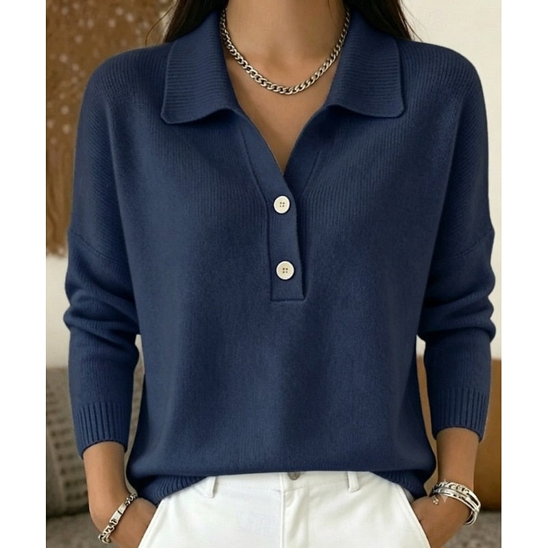 Collared Pullover with Button Accent and Long Sleeves