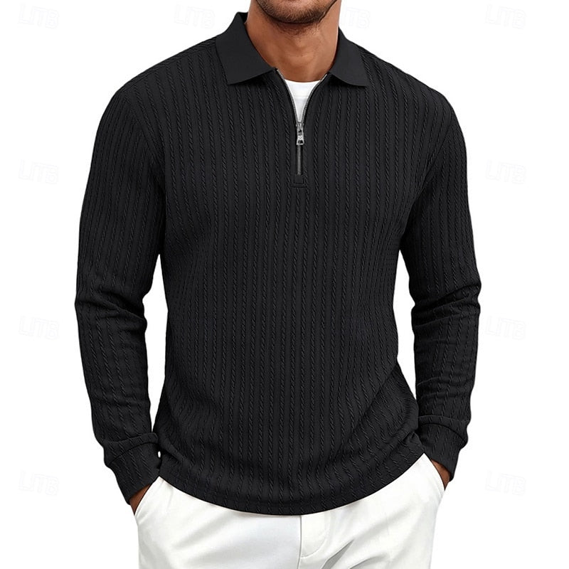 Mens Textured Quarter-Zip Polo Shirt with Long Sleeves and Regular Fit