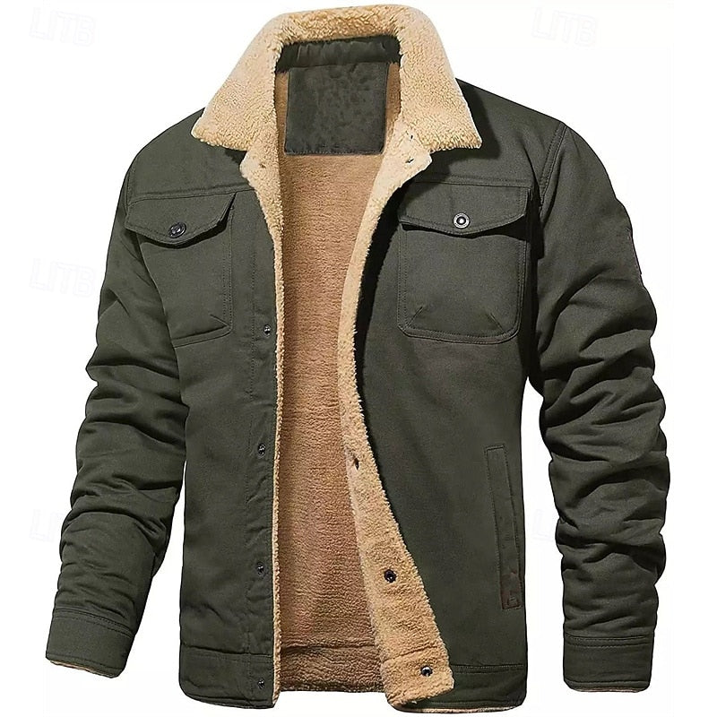 Trucker Jacket with Plush Lining and Button Front, Hip Length Pockets
