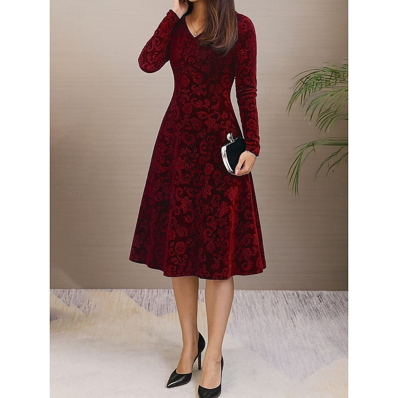 Floral A-Line Midi Dress with Long Sleeves and Fitted Waist